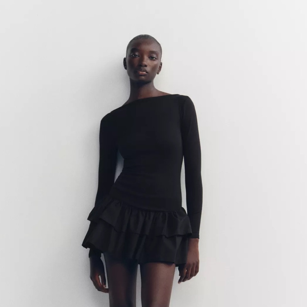 ZARA Black Long Sleeve Ruffle Dress